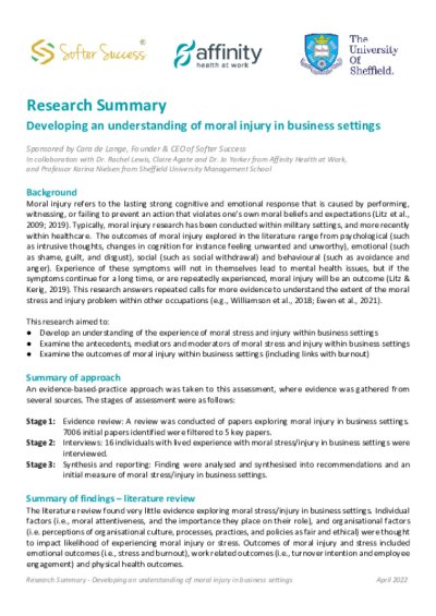 Developing an Understanding of Moral Injury in Business Settings Summary