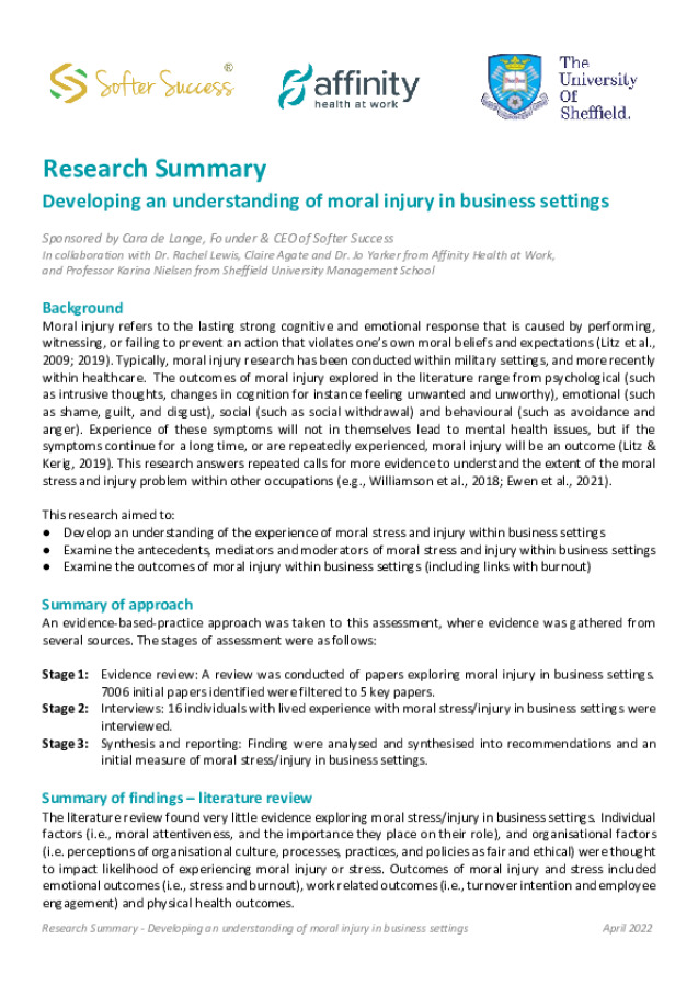 Developing an Understanding of Moral Injury in Business Settings Summary