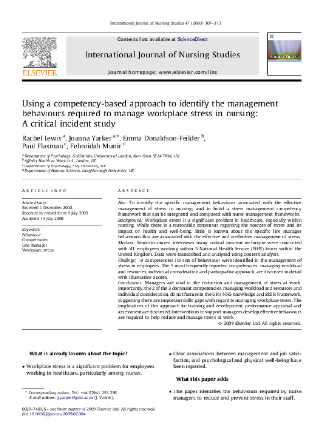 Using A Competency-Based Approach To Identify The Management Behaviours Required To Manage Workplace Stress In Nursing: A Critical Incident Study
